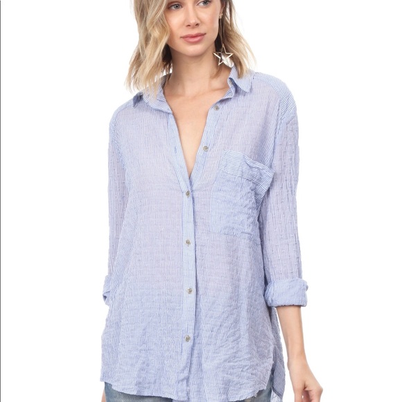 NWOT Free People Blue White Striped Top - Picture 2 of 8